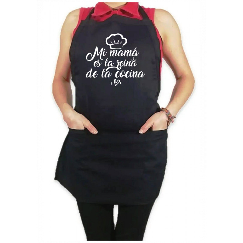 Mandil Personalizado Gabardina 100% algodón Negro con Diseño Mi mama es la reina de la cocina