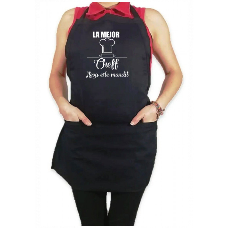 Mandil Personalizado Gabardina 100% algodón Negro con Diseño La mejor cheff lleva este mandil