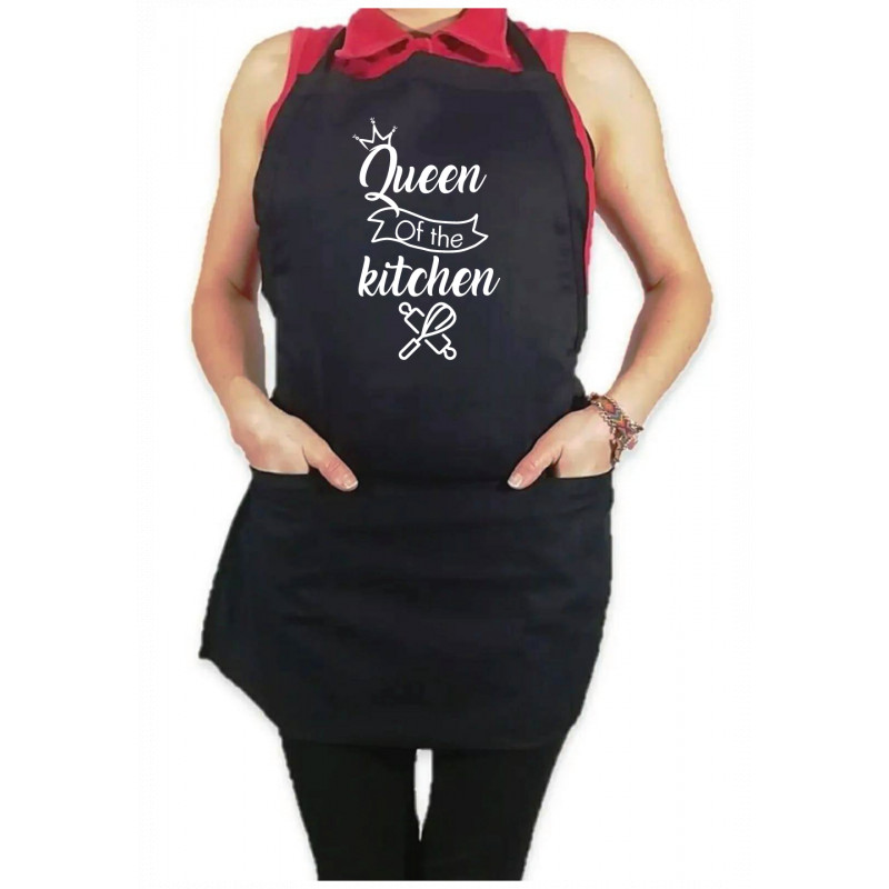 Mandil Personalizado Gabardina 100% algodón Negro con Diseño Queen of the kitchen