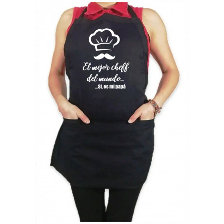 Mandil Personalizado Gabardina 100% algodón Negro con Diseño El mejor cheff del mundo si es mi papa