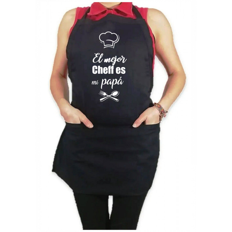 Mandil Personalizado Gabardina 100% algodón Negro con Diseño El mejor cheff es mi papa